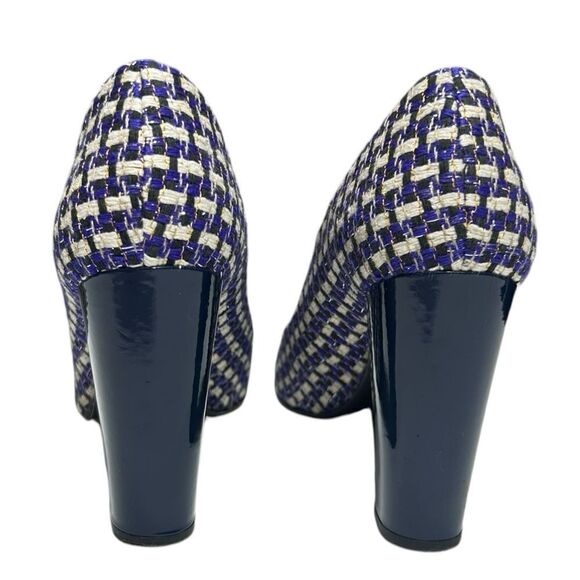 J. Crew Collection Etta Made in Italy Blue Tweed Block Heel Pumps Leather Sole - Picture 6 of 13